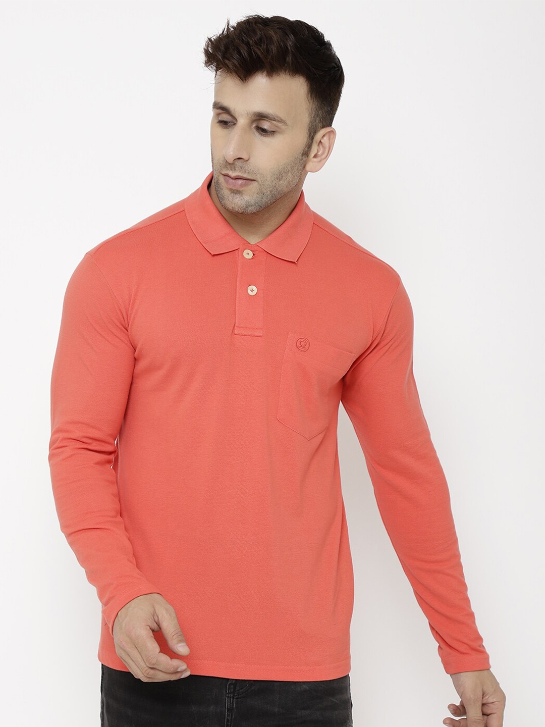 

CHKOKKO Men Peach-Coloured Polo Collar Pockets Outdoor T-shirt