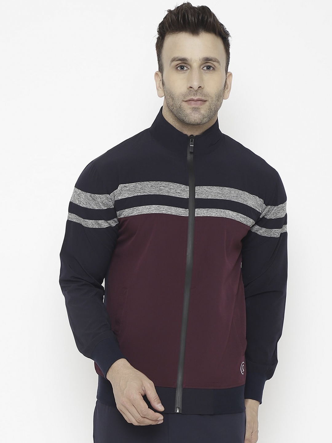 

CHKOKKO Men Navy Blue & Maroon Colourblocked Windcheater and Water Resistant Sporty Jacket
