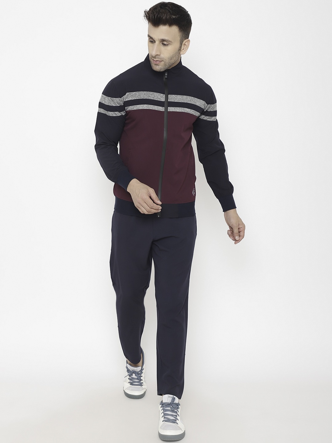 

Chkokko Men Navy Blue & Maroon Colourblocked Sports Tracksuit