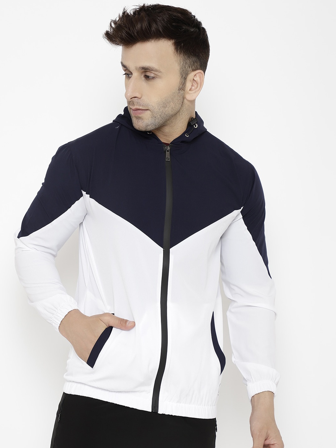 

CHKOKKO Men Navy Blue White Colourblocked Windcheater and Water Resistant Sporty Jacket