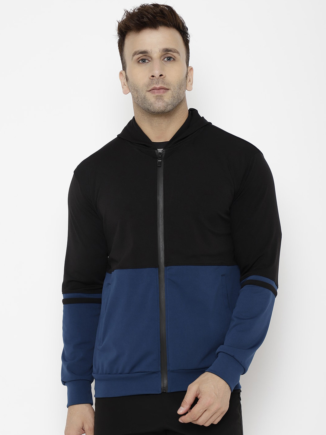 

CHKOKKO Men Black Blue Colourblocked Sporty Jacket