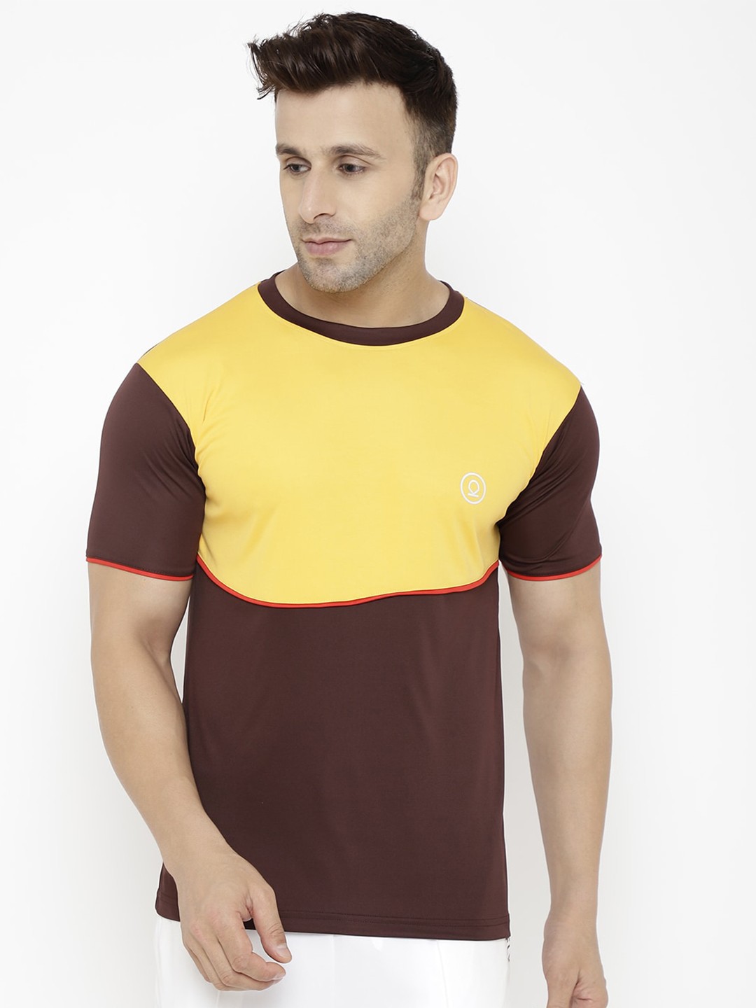 

CHKOKKO Men Mustard Yellow & Coffee Brown Colourblocked T-shirt