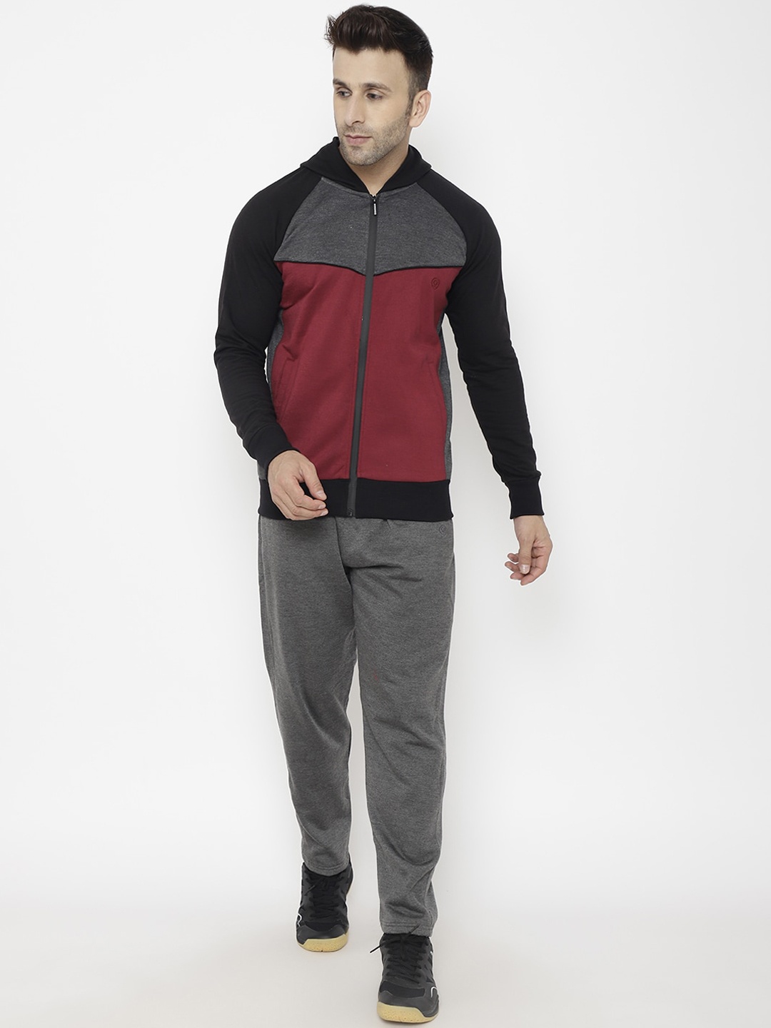 

CHKOKKO Men Grey & Maroon Colourblocked Winter Tracksuit