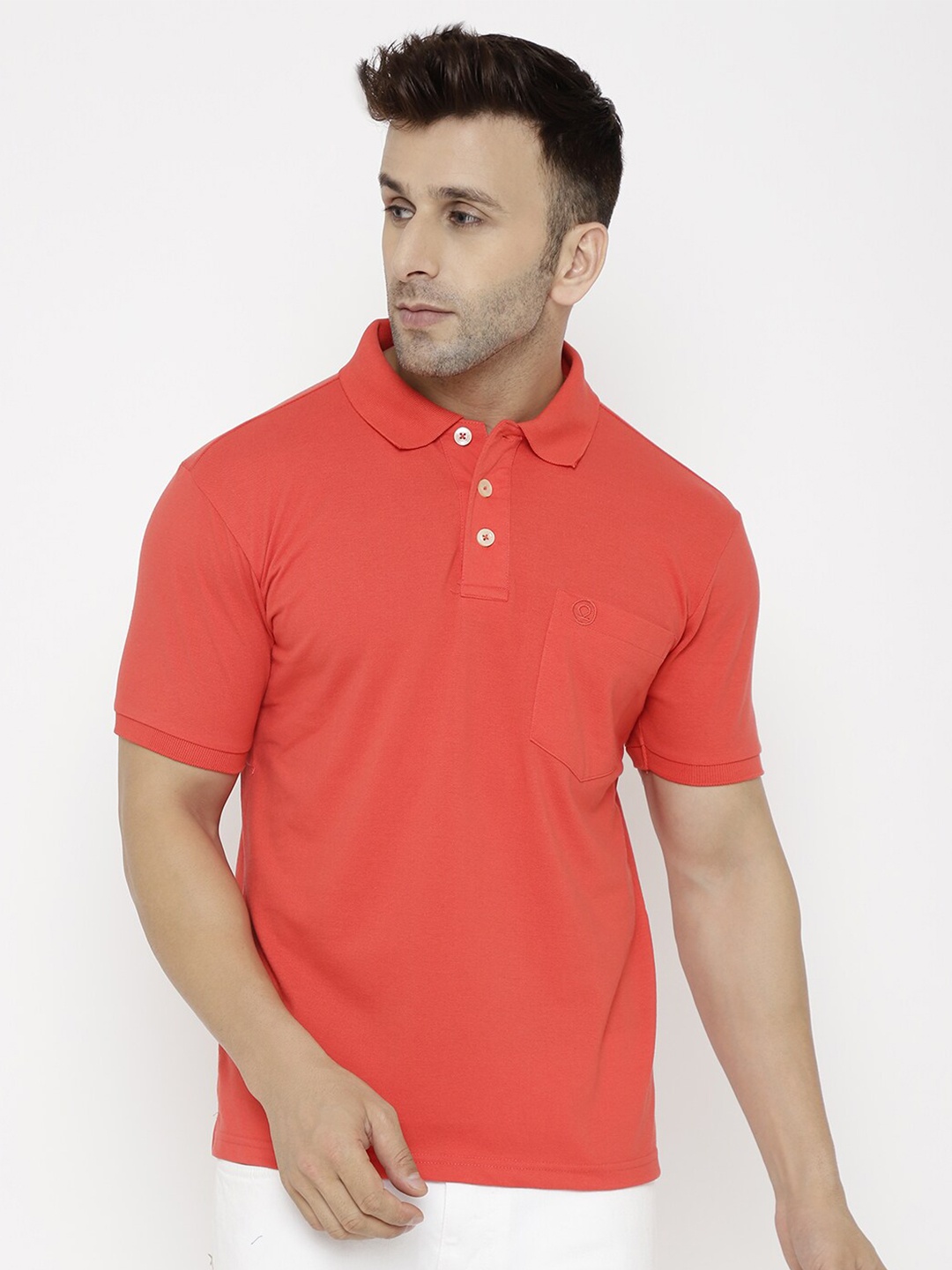 

CHKOKKO Men Peach-Coloured Polo Collar Pockets Cotton T-shirt
