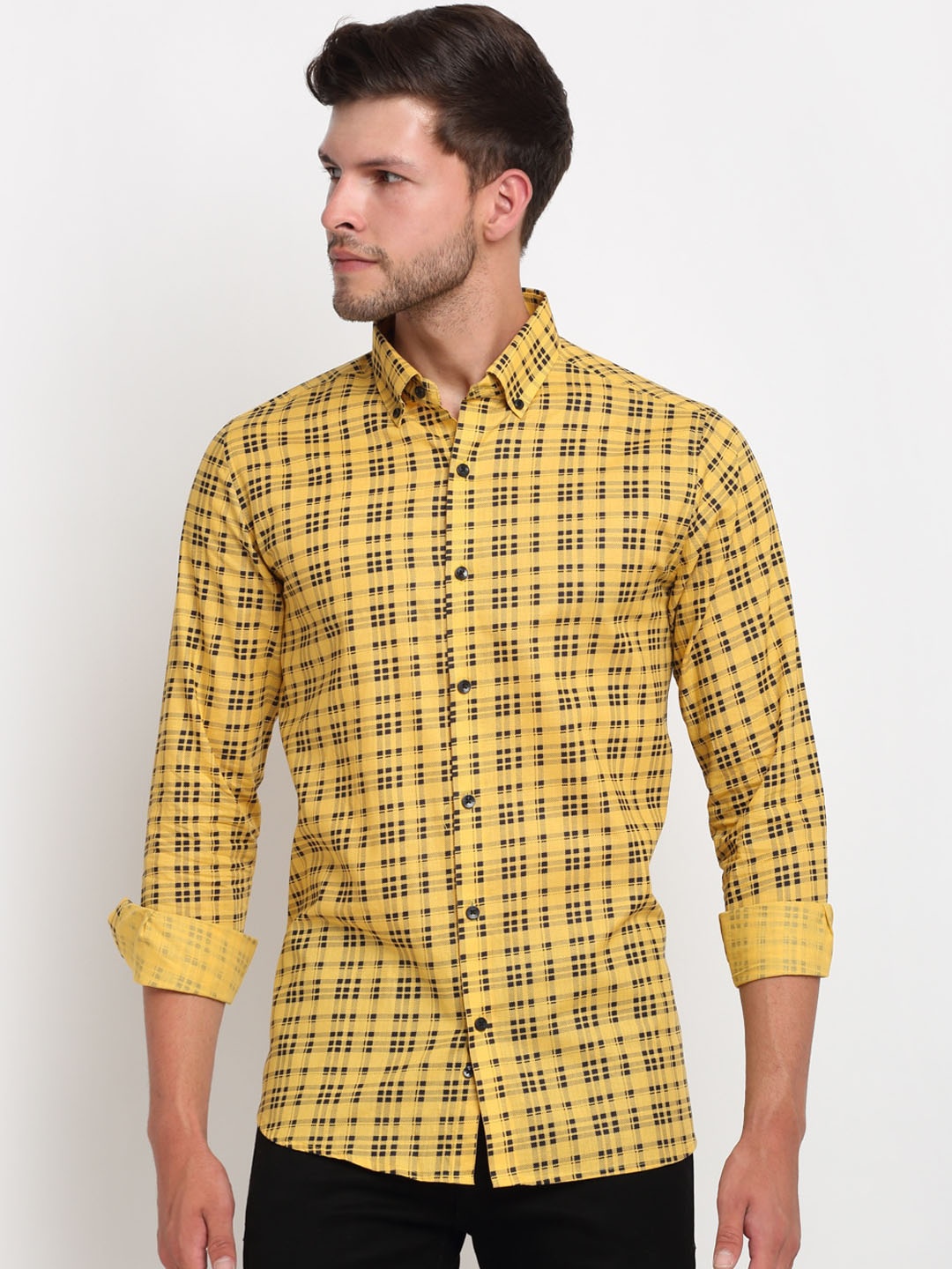 

FINNOY Men Yellow & Black Slim Fit Checked Casual Shirt