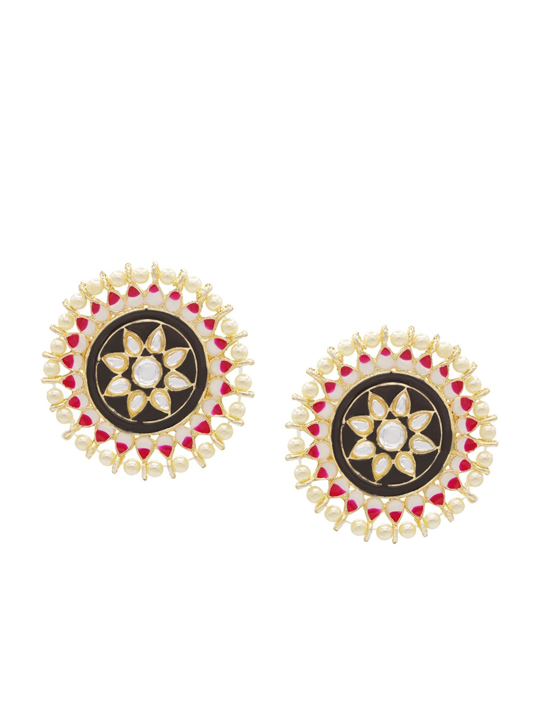 ASMITTA JEWELLERY Black & Red-Toned Gold-Plated Kundan Circular Studs Earrings