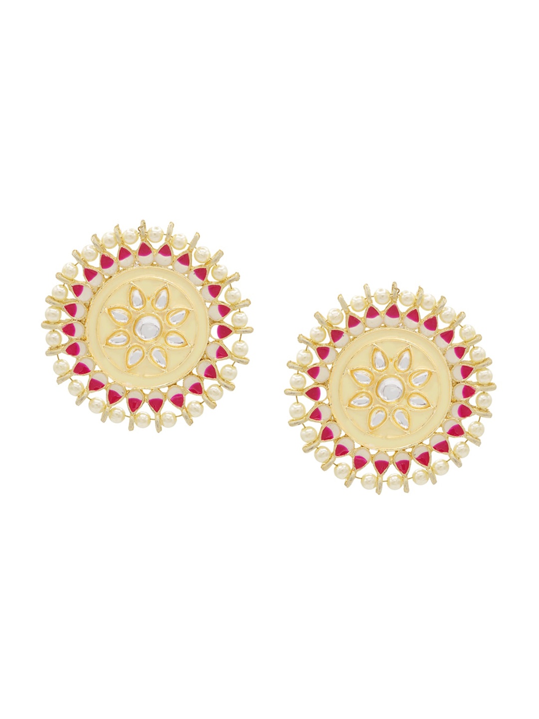 

ASMITTA JEWELLERY Cream-Coloured & Pink Kundan & Pearls Studded Circular Studs Earrings