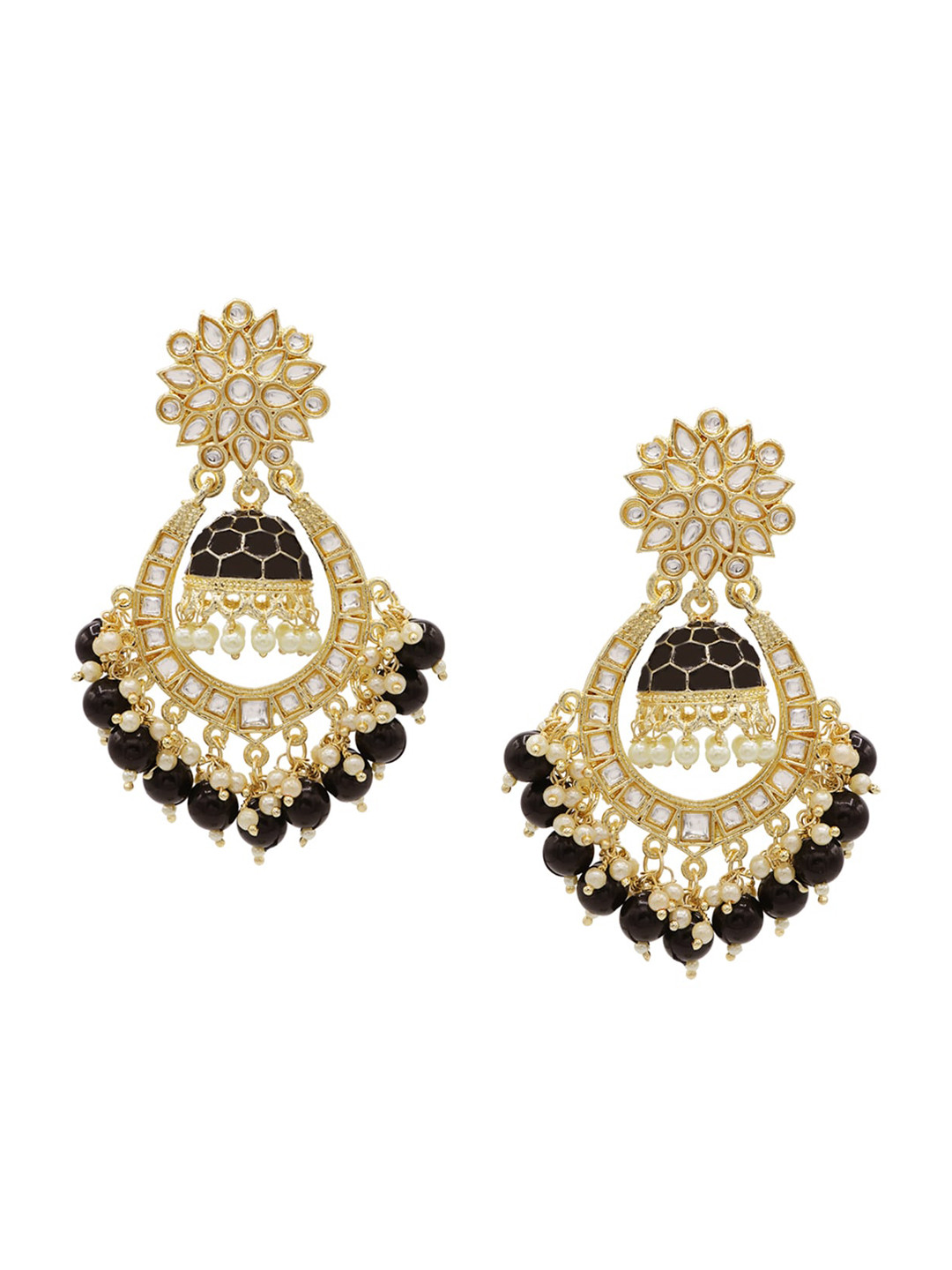 

ASMITTA JEWELLERY Black Contemporary Kundan Enameled Chandbalis Earrings