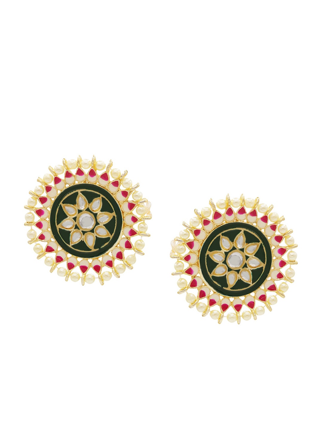 

ASMITTA JEWELLERY Gold Plated Green & Pink Circular Studs Earrings