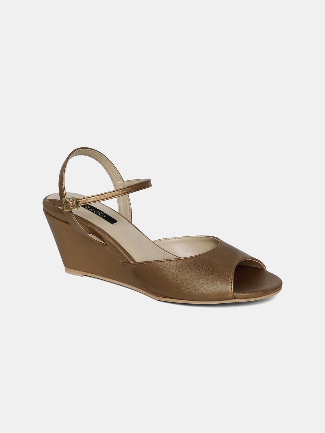 

AURELIA Copper-Toned PU Wedge Peep Toes with Buckles