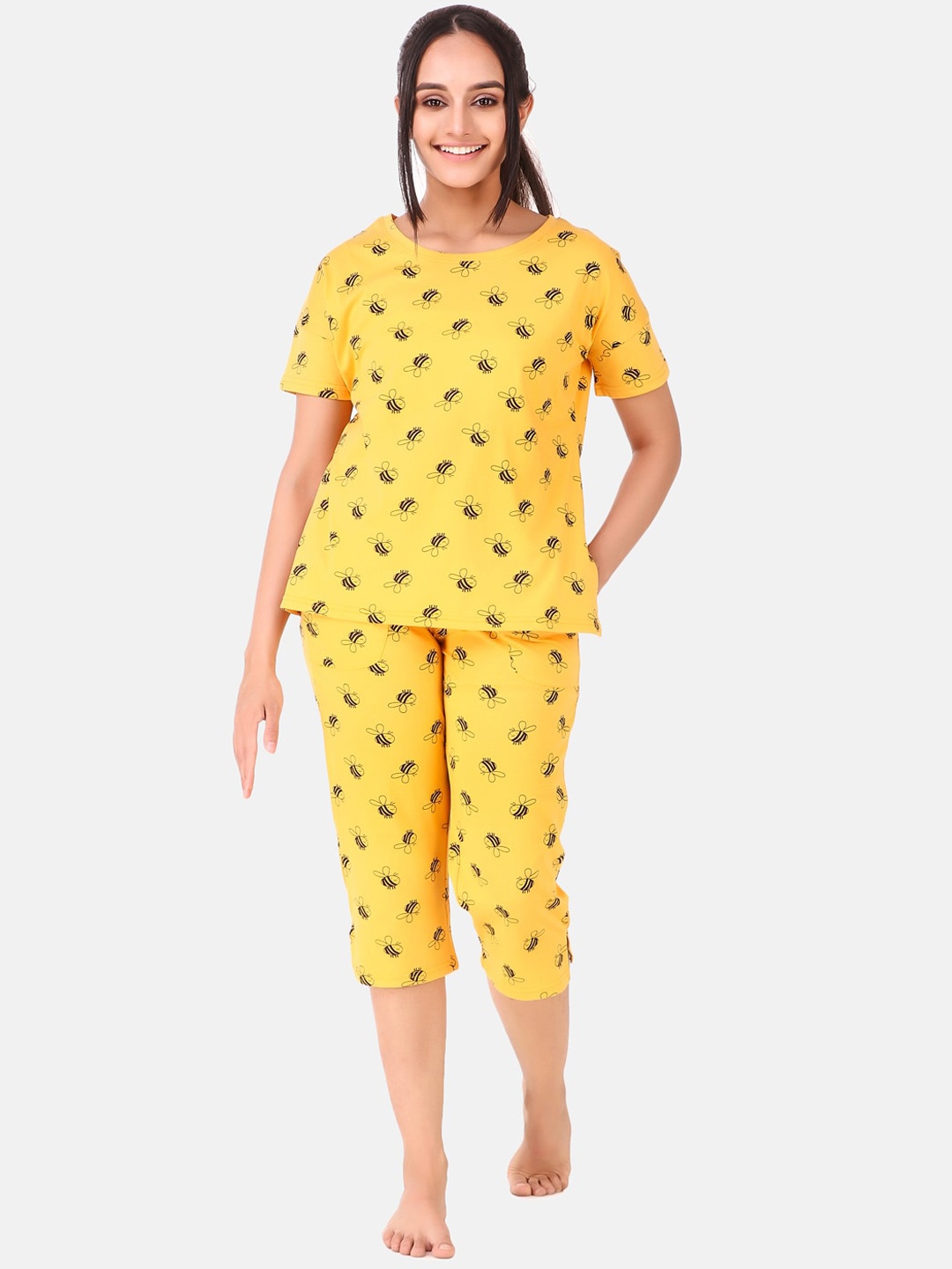 

Masha Women Yellow & Black Printed Pure Cotton Night suit