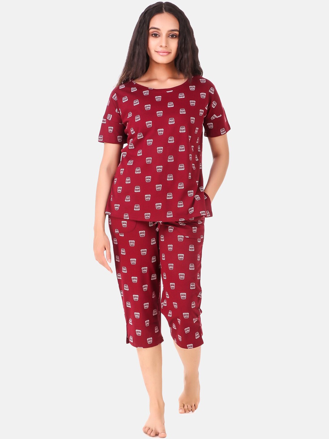 

Masha Women Maroon Printed Top & Capri Set