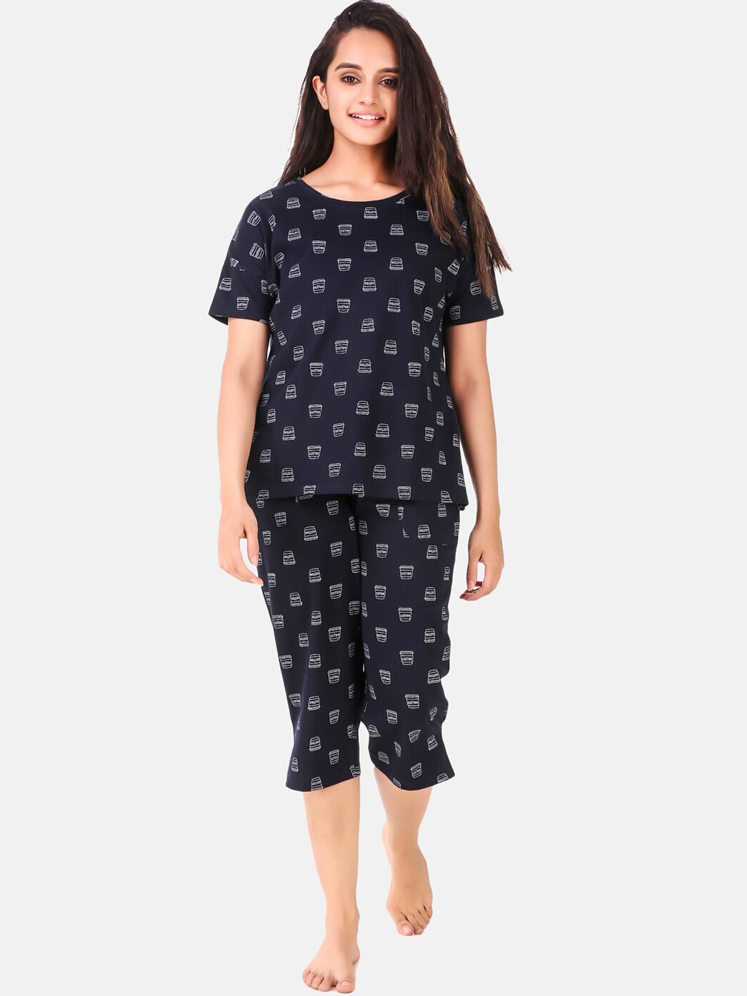 

Masha Women Navy Blue Pure Cotton Printed Night Suits