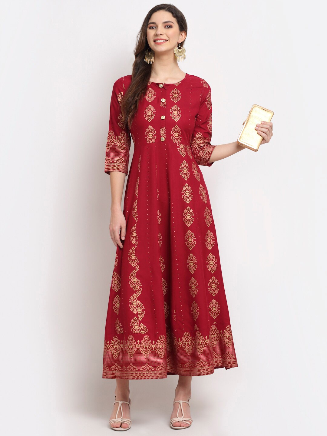 

Rudra Bazaar Women Maroon & Gold-Toned Ethnic Motifs Printed Anarkali kurta