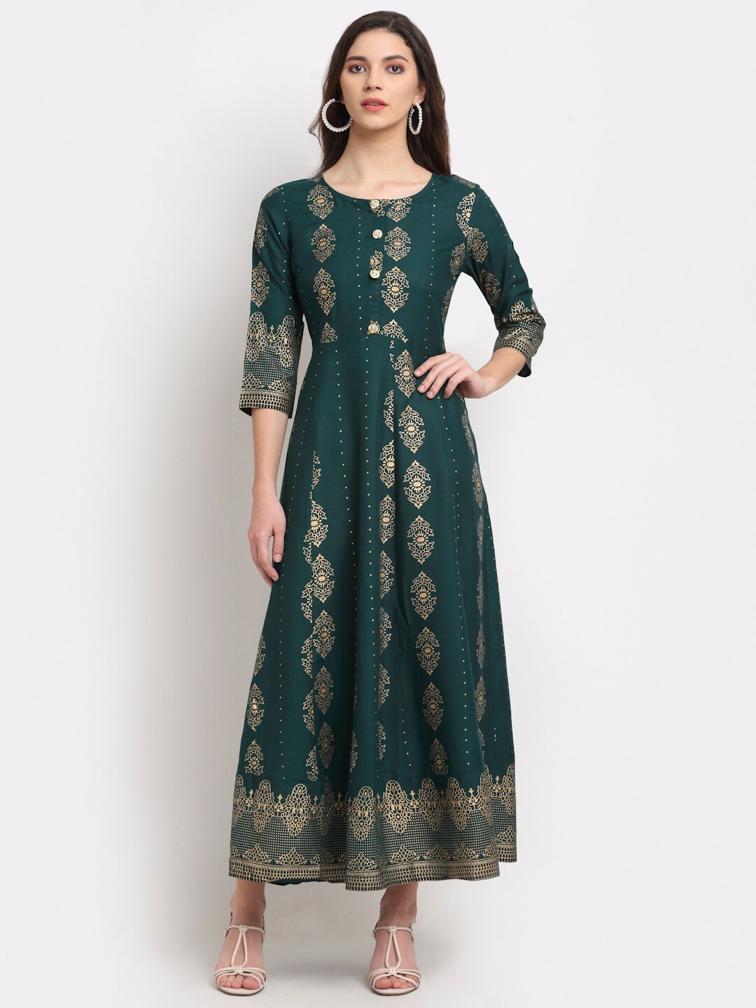 

Rudra Bazaar Women Green & Gold-Toned Ethnic Motifs Printed Anarkali kurta