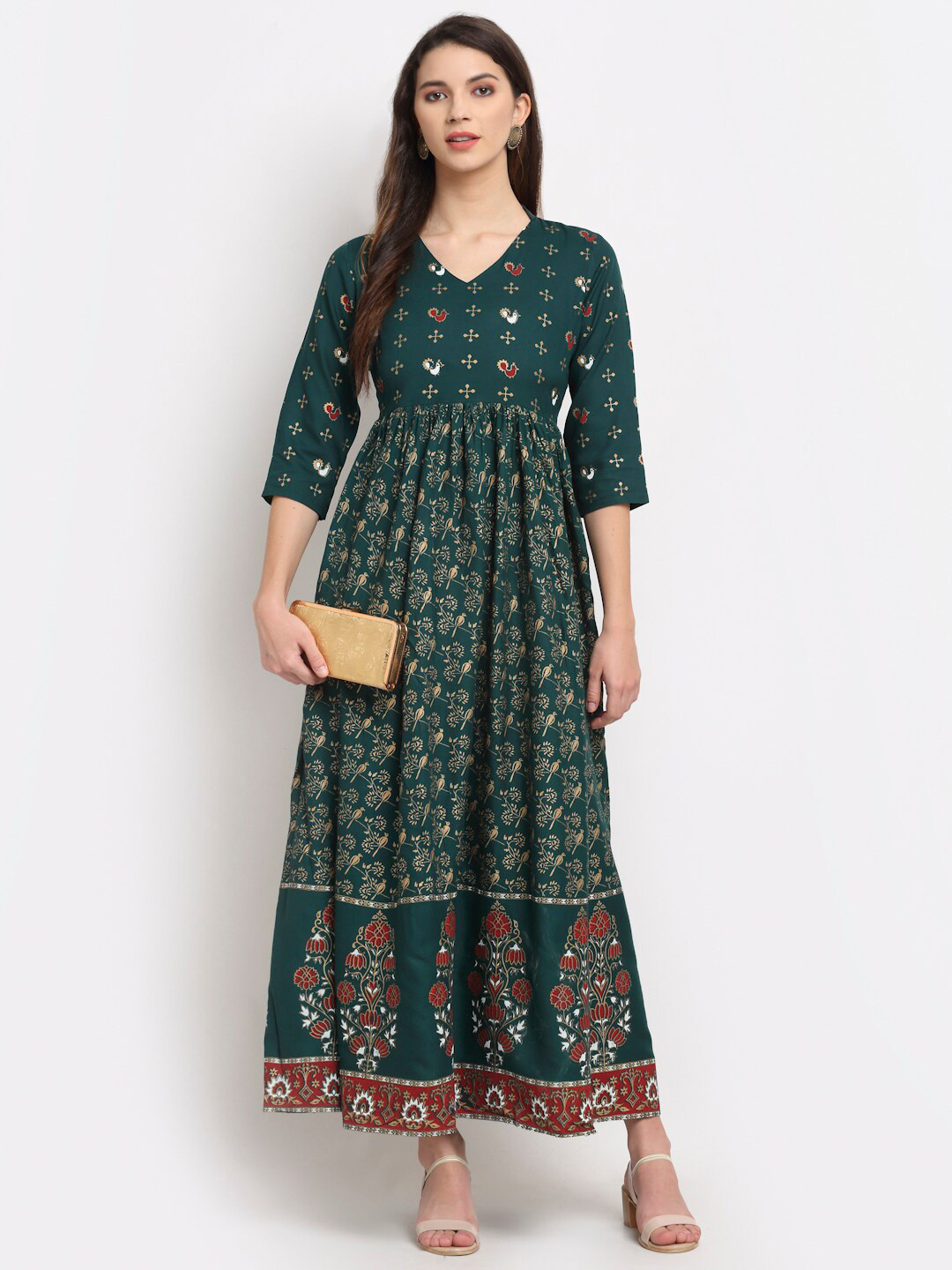 

Rudra Bazaar Women Green & Gold-Toned Ethnic Motifs Printed Anarkali kurta
