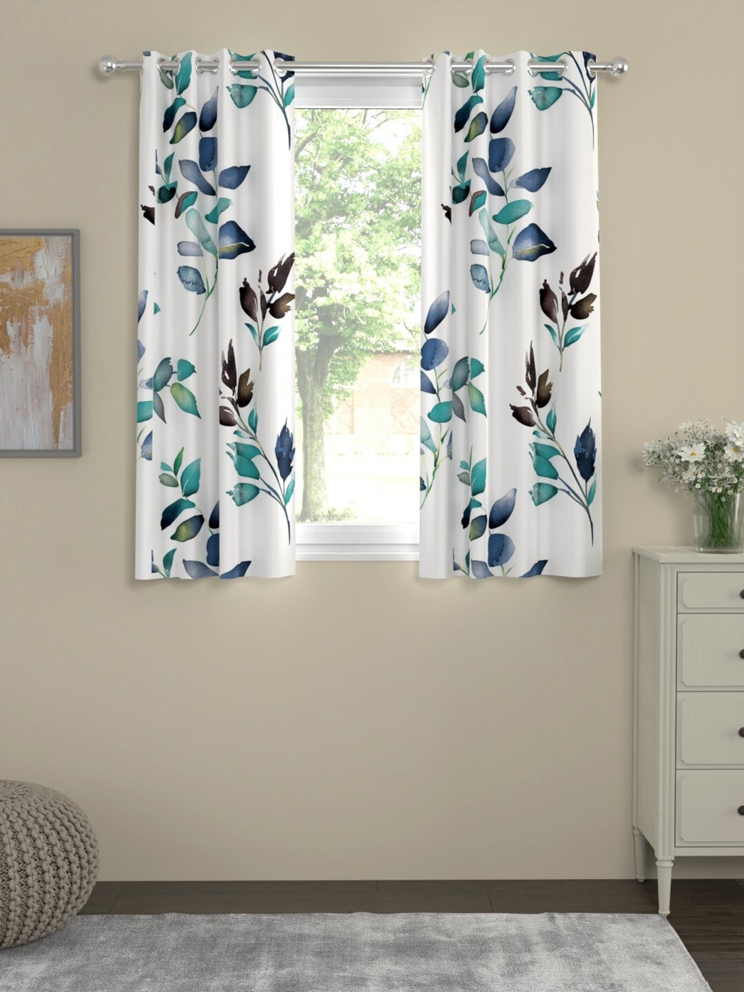 

URBAN SPACE White & Teal Set of 2 Floral Window Curtains