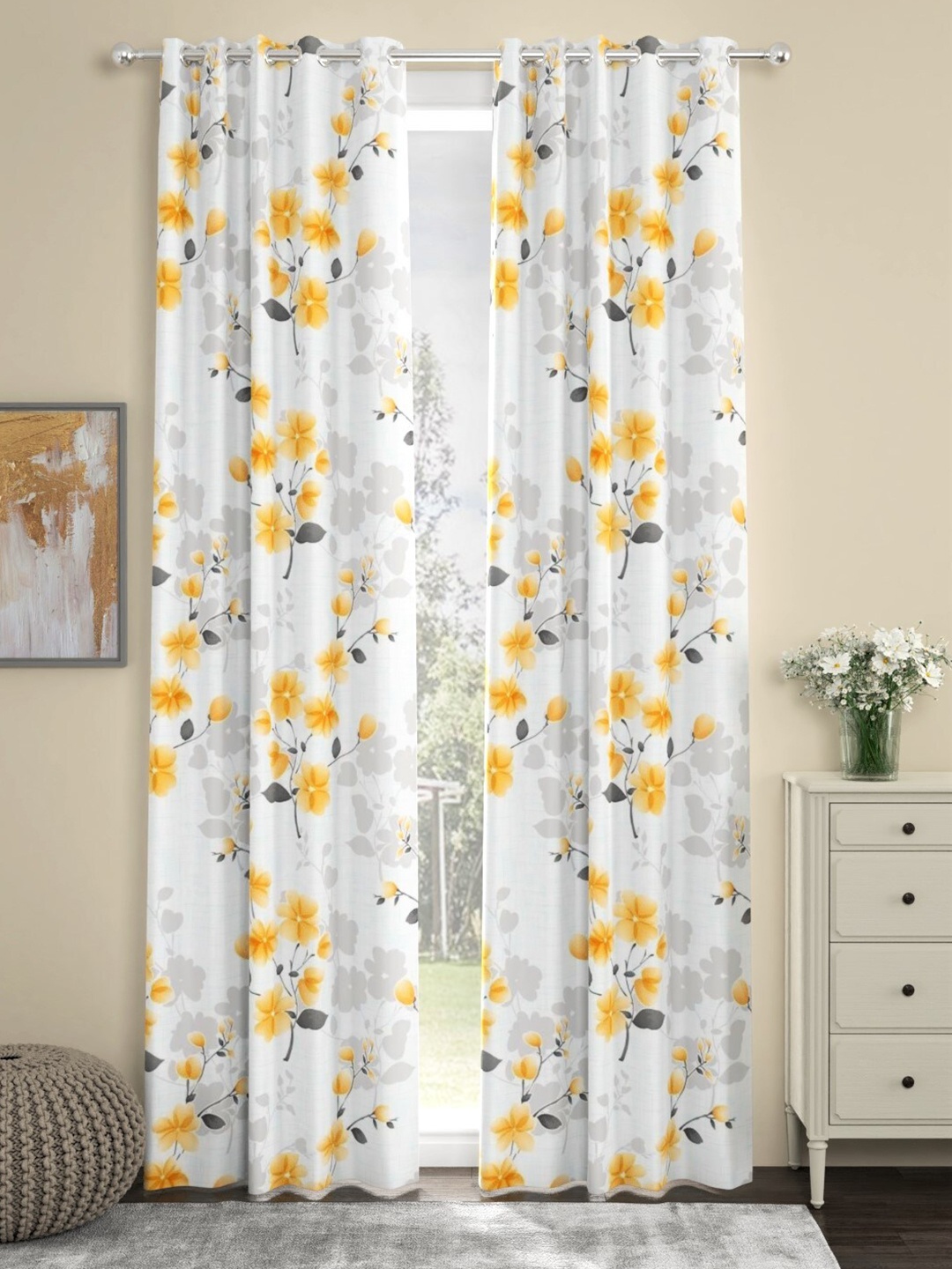 

URBAN SPACE White & Yellow Set of 2 Floral Door Curtains