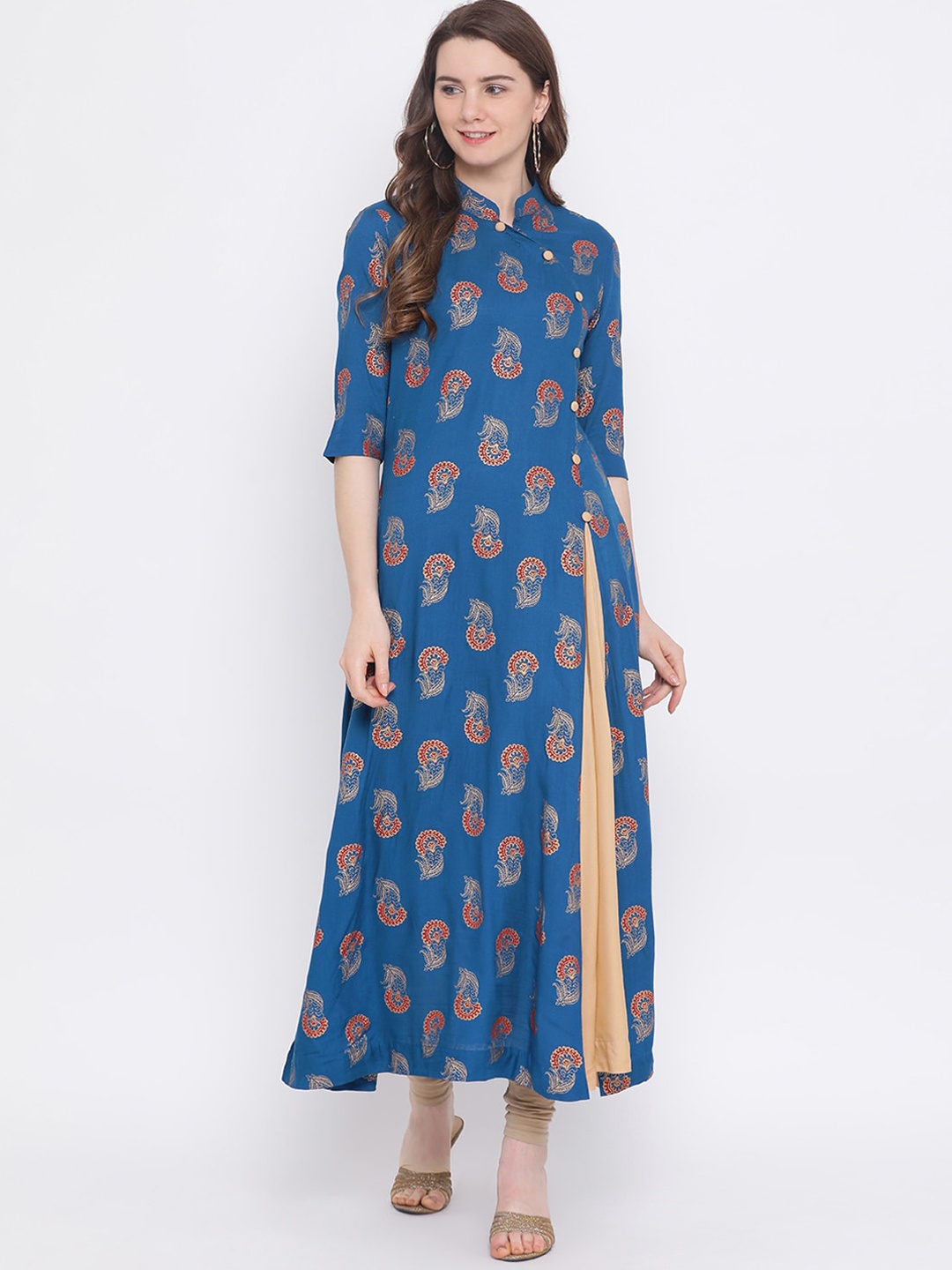 

Indian Virasat Women Blue & Gold-Toned Ethnic Motifs Printed Angrakha Kurta