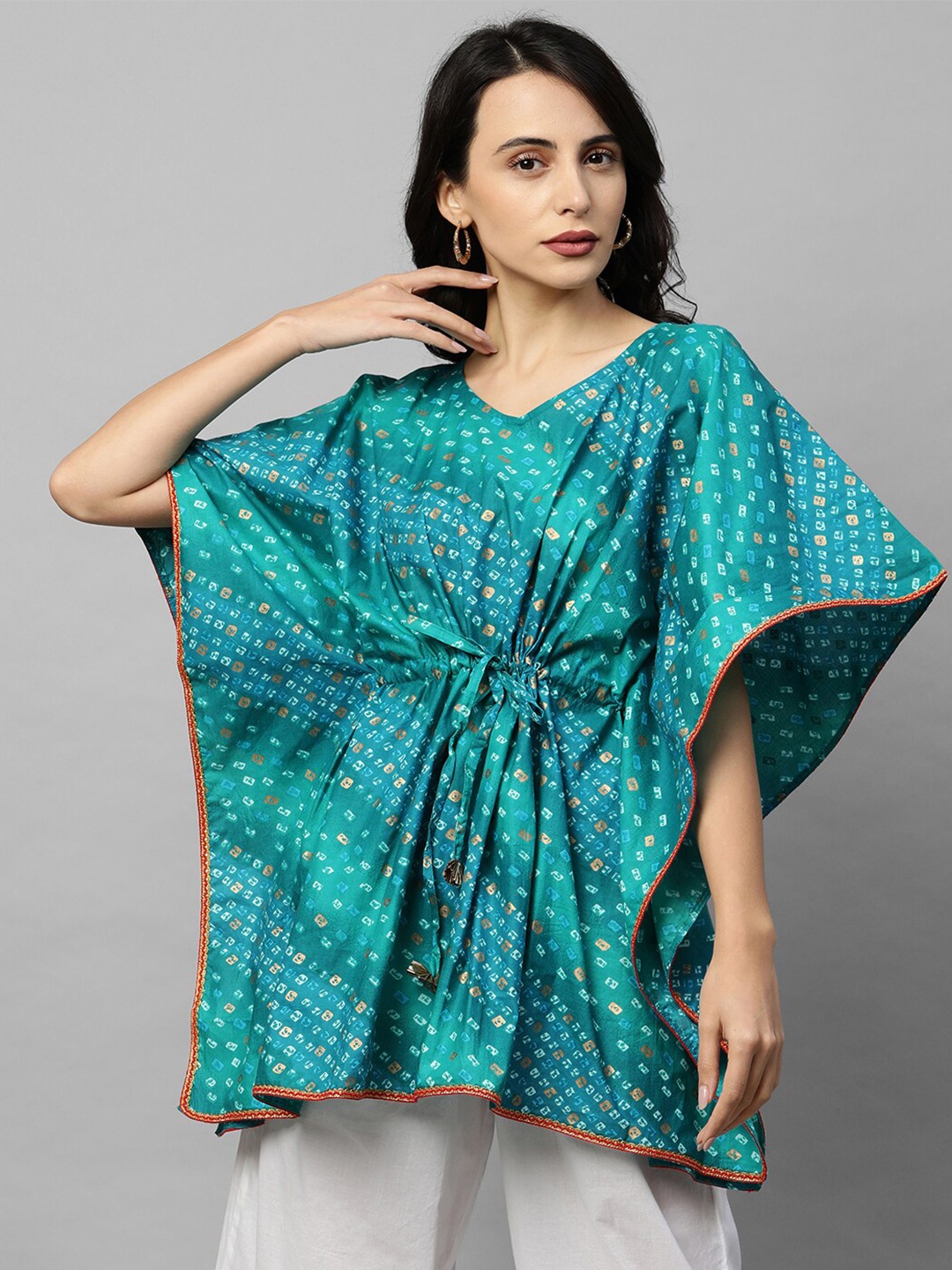 

FASHOR Women Blue Bandhani Printed Kaftan