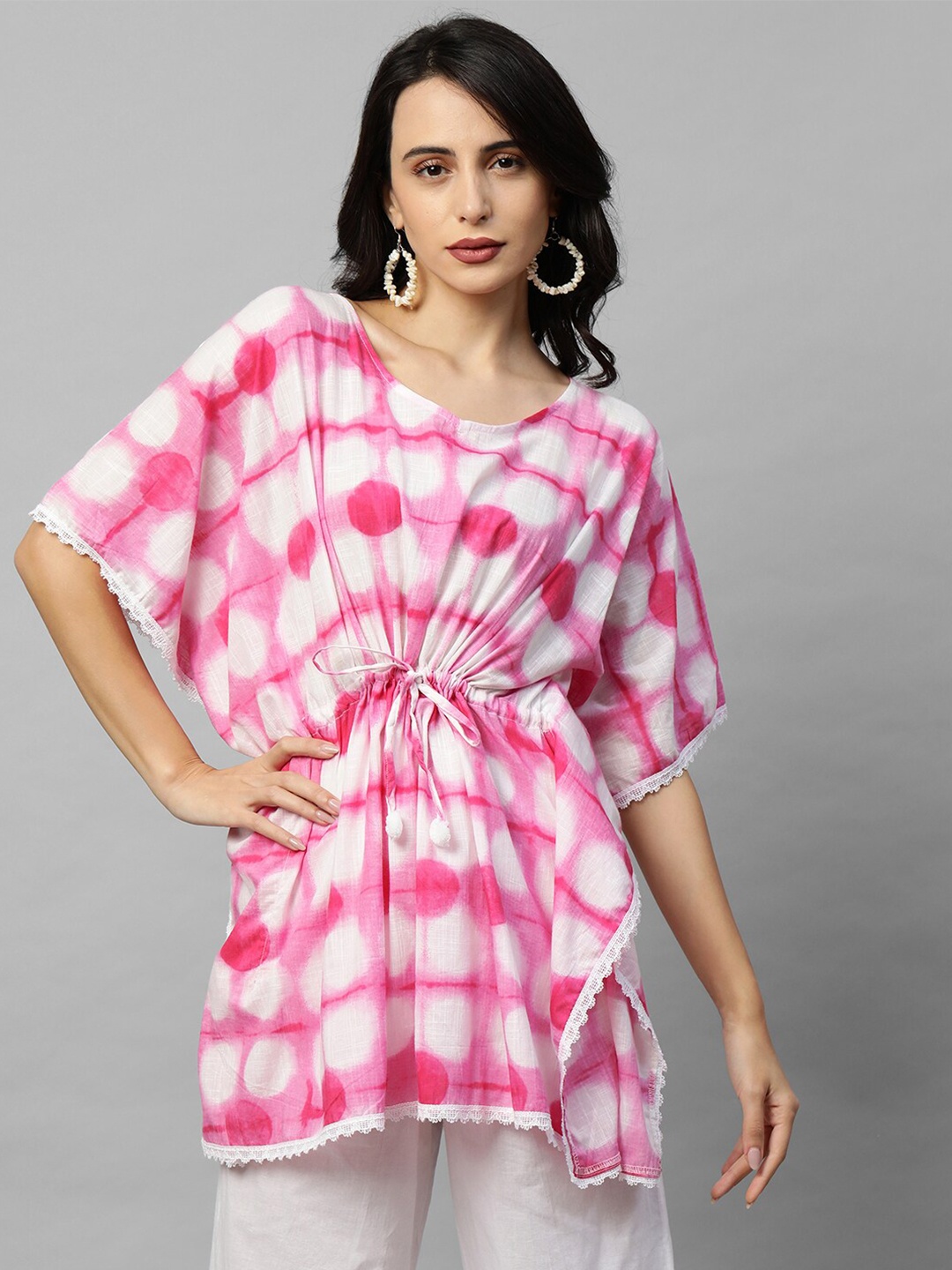 

FASHOR Women Pink & White Tie-Dye Printed Short Kaftan