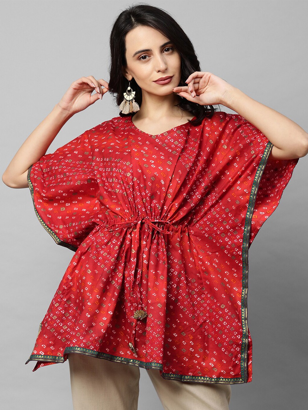

FASHOR Women Red Bandhani Printed Short Kaftan