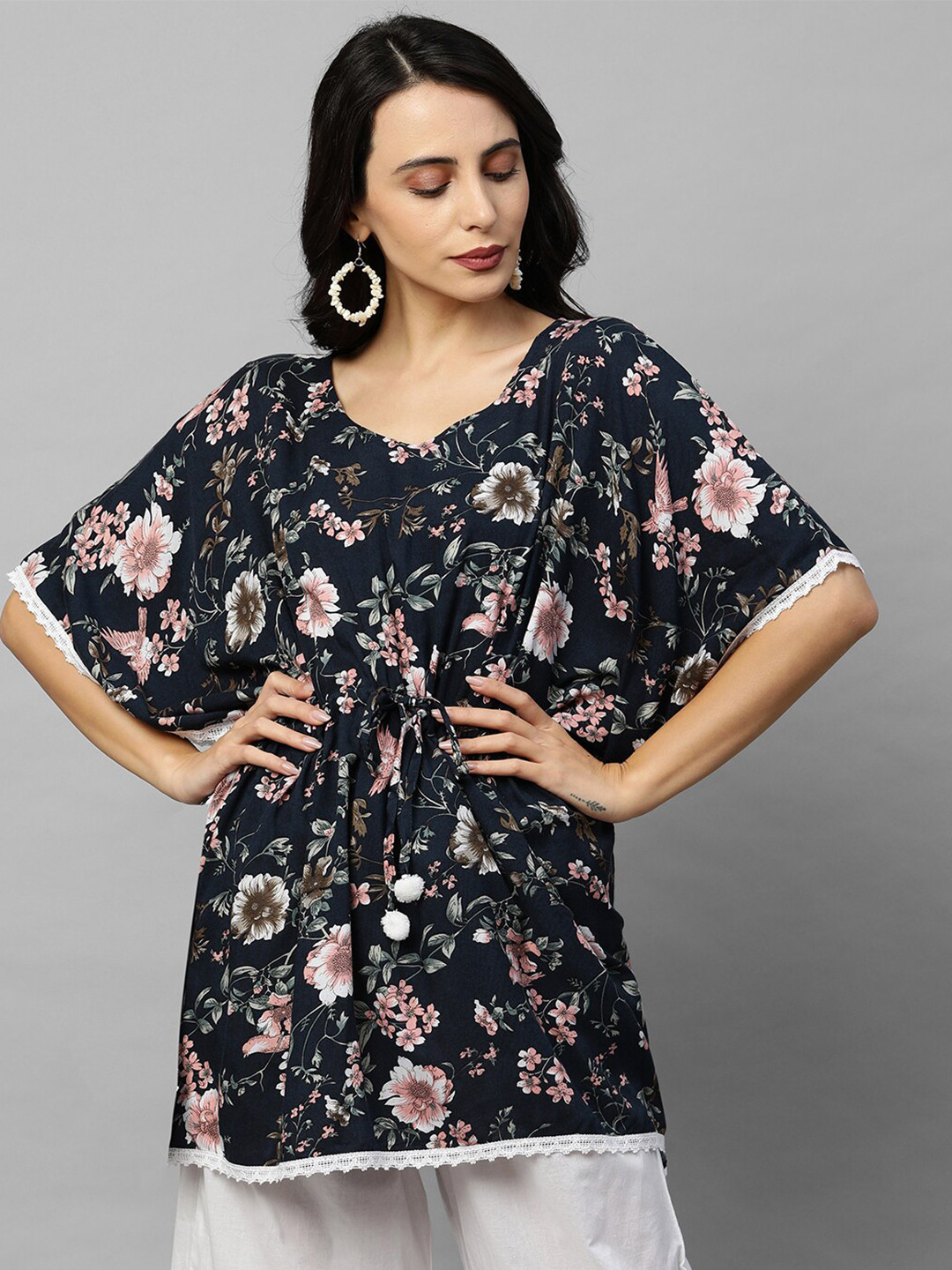 

FASHOR Women Navy Blue Floral Printed Short Kaftan