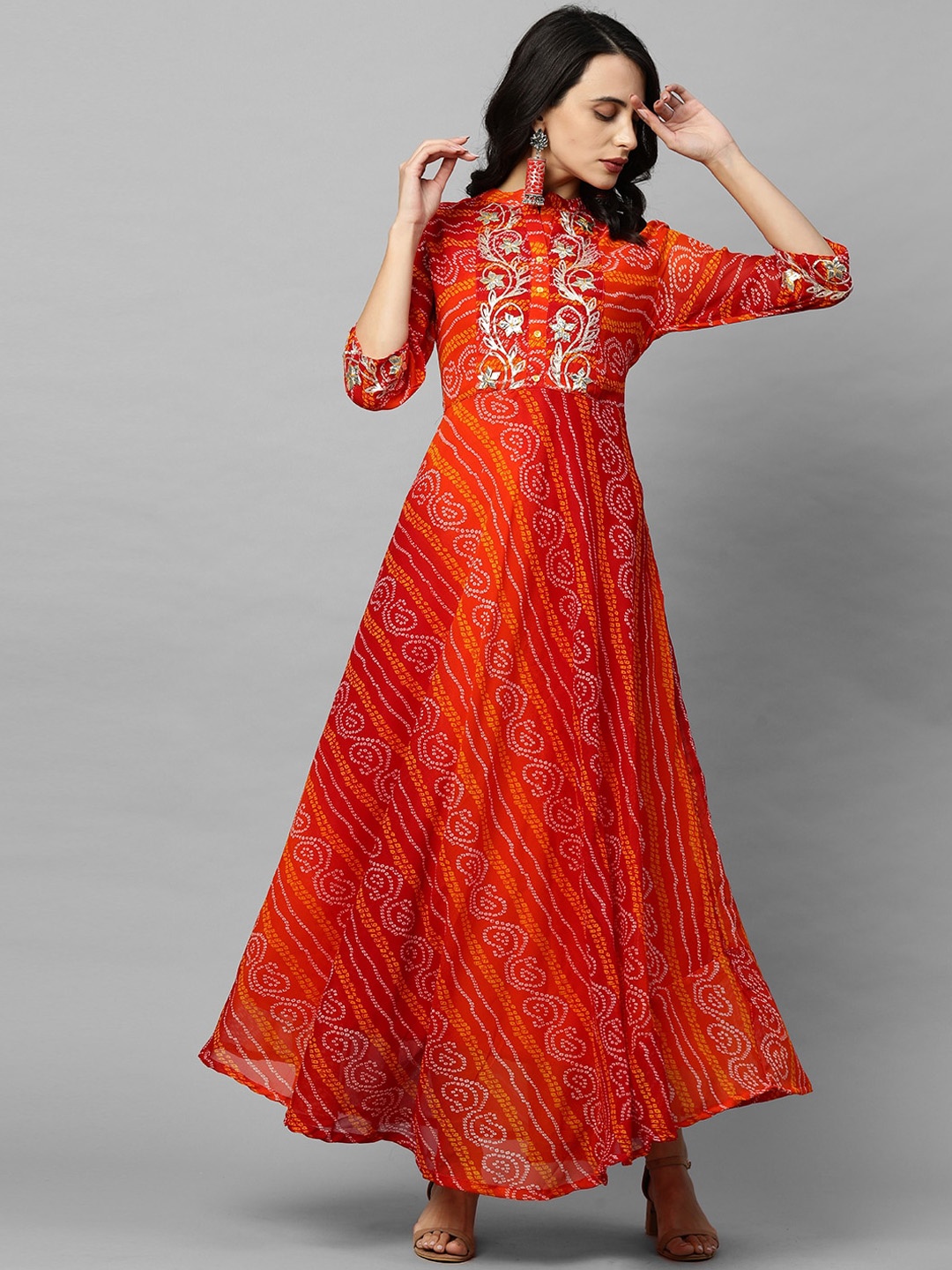 

FASHOR Women Red & Yellow Bandhani Printed Georgette Maxi Dress