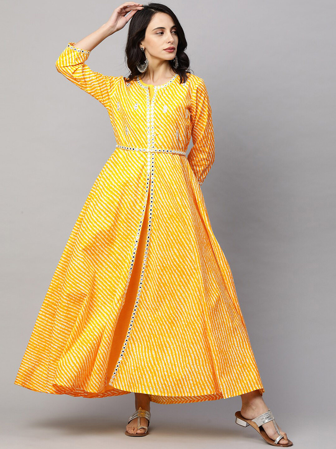 

FASHOR Yellow Solid Belted Cotton Maxi Dress with Kurta