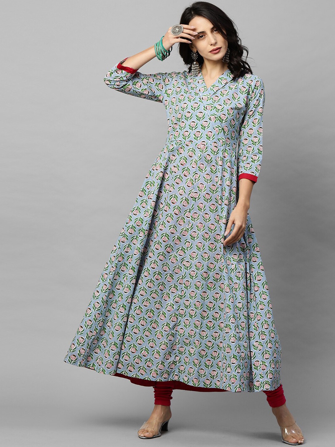 

FASHOR Women Blue & Green Ethnic Motifs Printed Cotton Maxi Dress