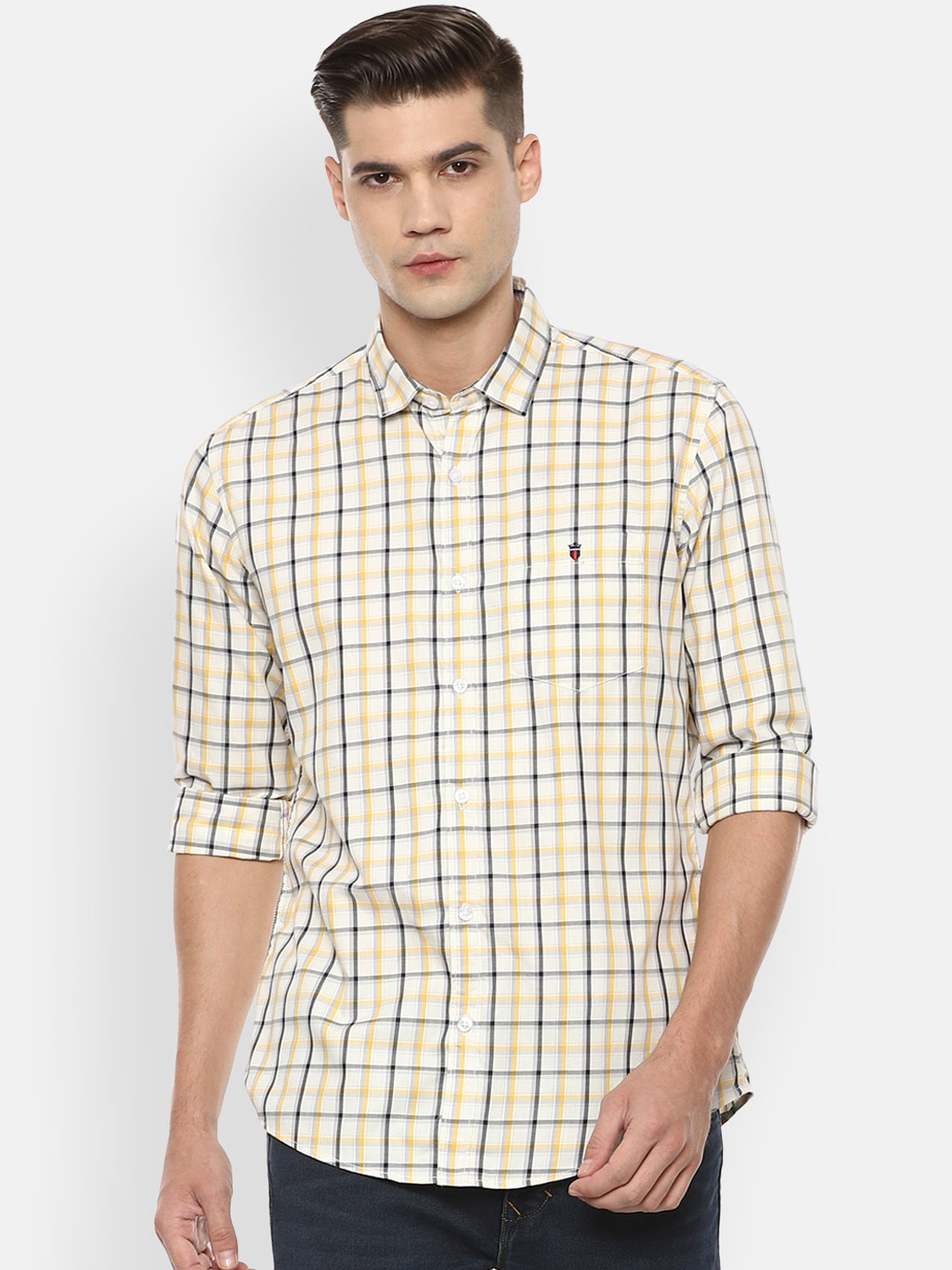 

Louis Philippe Jeans Men White & Yellow Slim Fit Opaque Checked Pure Cotton Casual Shirt