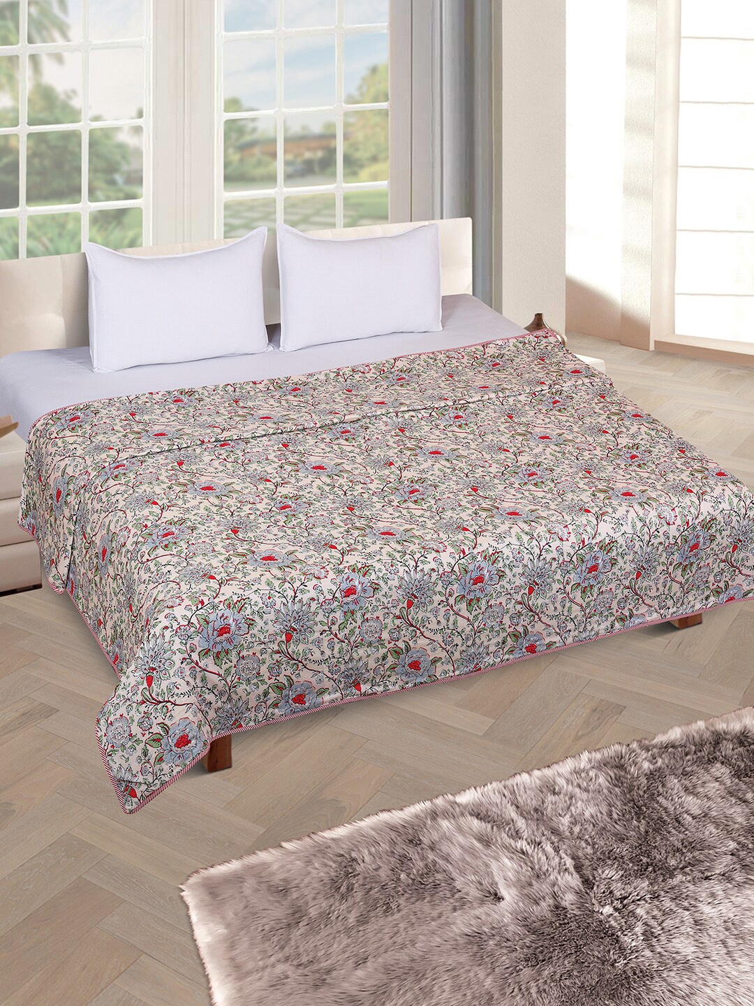 

ROMEE Beige & Grey Floral AC Room 300 GSM Double Bed Dohar