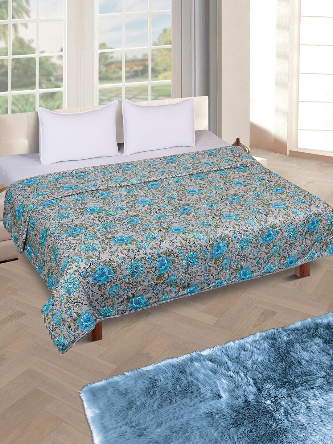 

ROMEE Grey & Blue Floral AC Room 300 GSM Double Bed Dohar