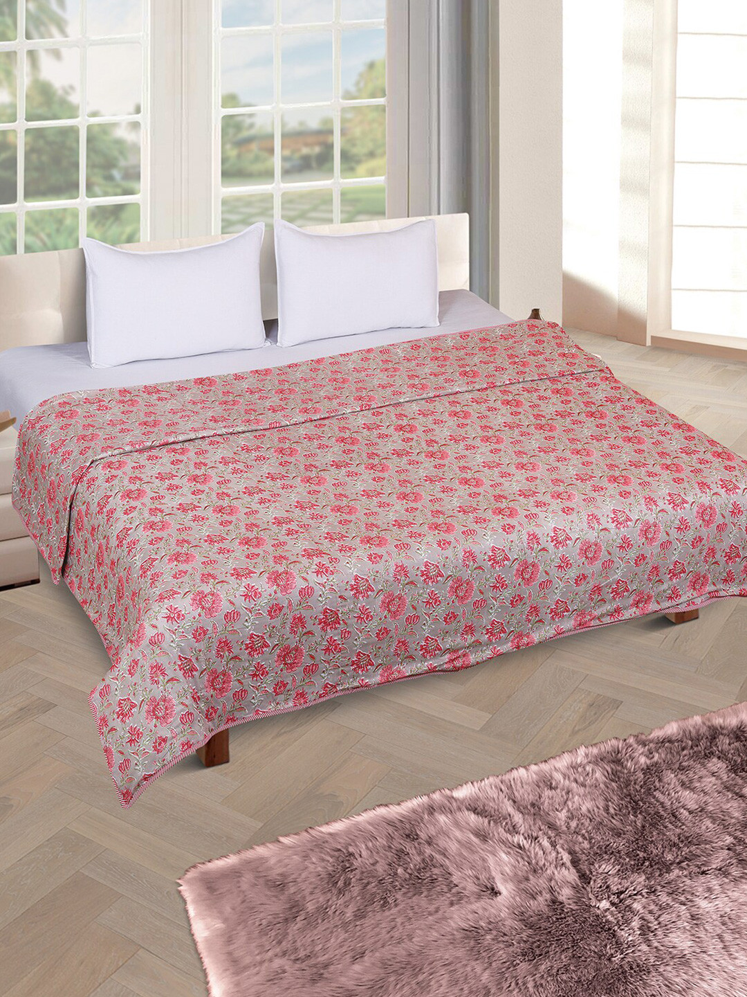 

ROMEE Brown & Pink Floral AC Room 300 GSM Double Bed Dohar