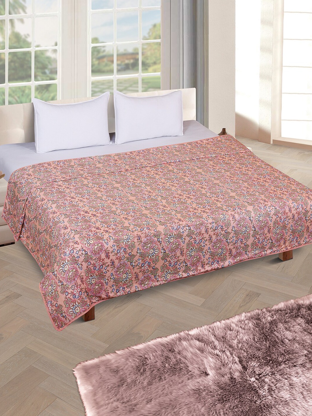 

ROMEE Peach-Coloured & Blue Floral AC Room 300 GSM Double Bed Dohar