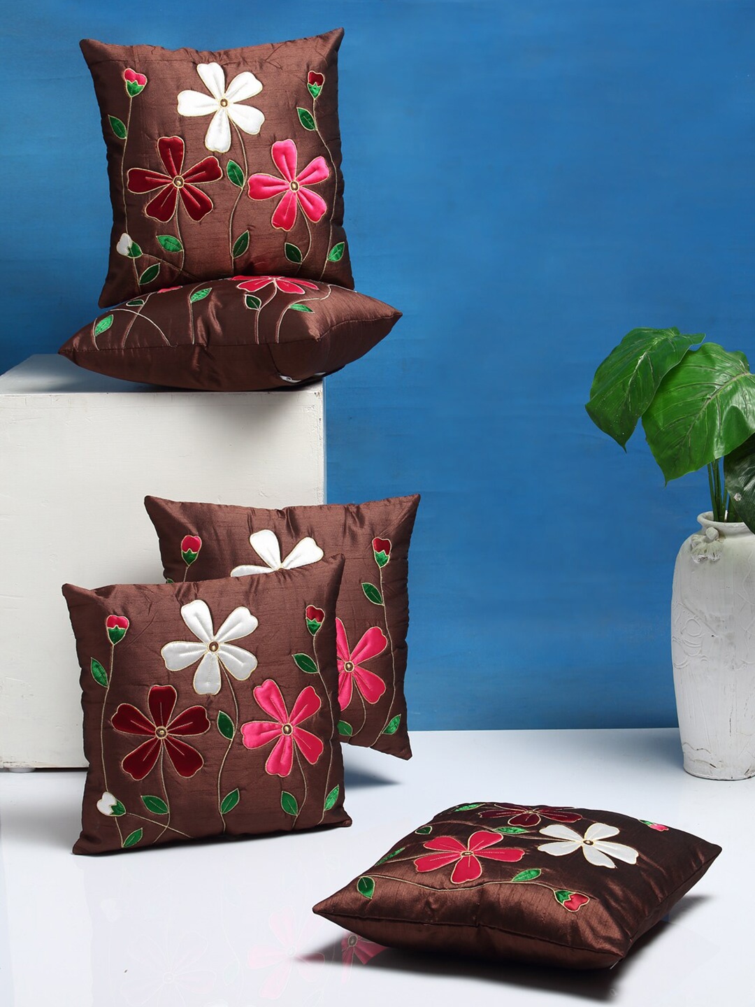 

DREAM WEAVERZ Brown Set of 5 Floral Embroidered Square Cushion Covers