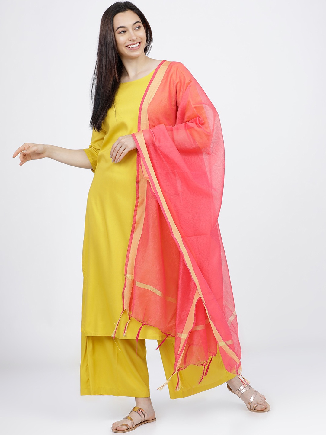 

Vishudh Women Mustard Yellow & Pink Straight Kurta & Palazzos With Dupatta