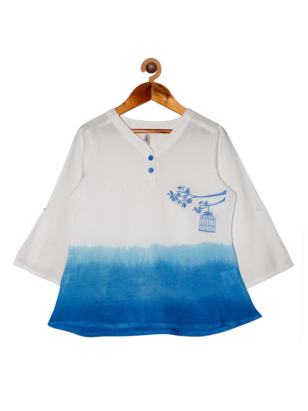 KiddoPanti Girls Blue & White Dyed Flared Sleeves Kurta