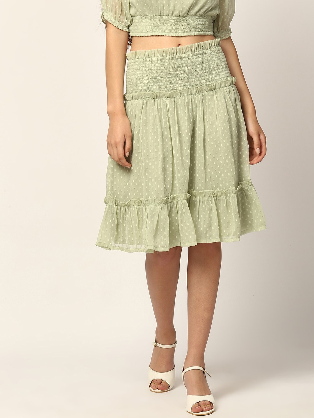 

ELLE Women Lime Green & White Printed Tiered Knee-Length Skirt