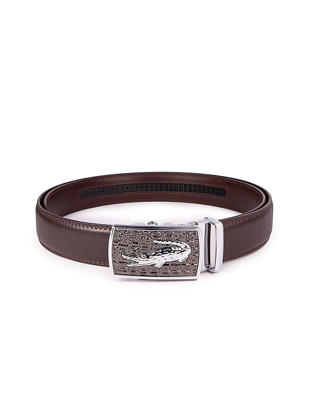 

BANGE Men Brown Genuine Leather Auto-Lock Slider Buckle Formal Belt