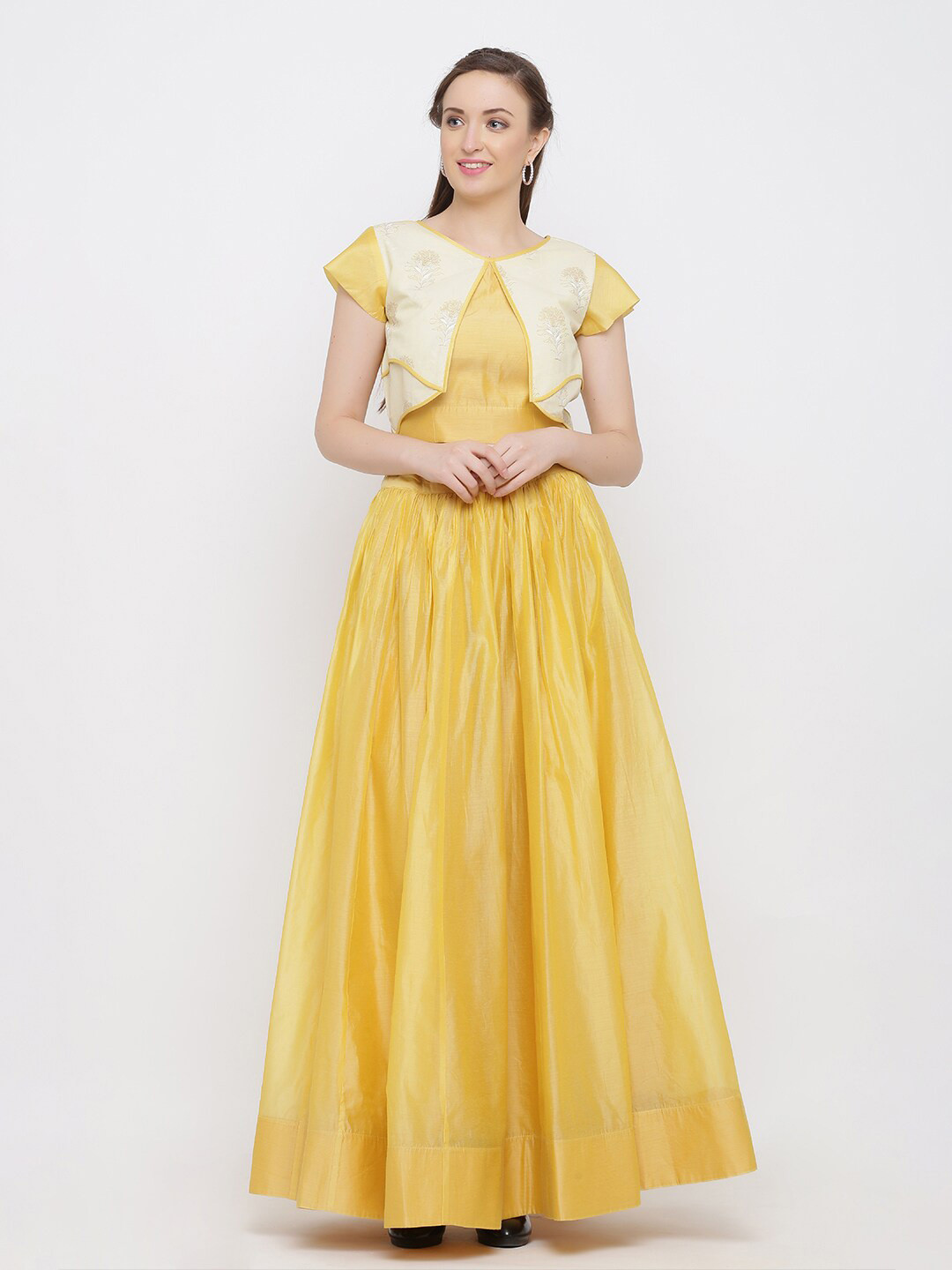

Indian Virasat Women Yellow & Off White Printed Ready to Wear Lehenga with Blouse