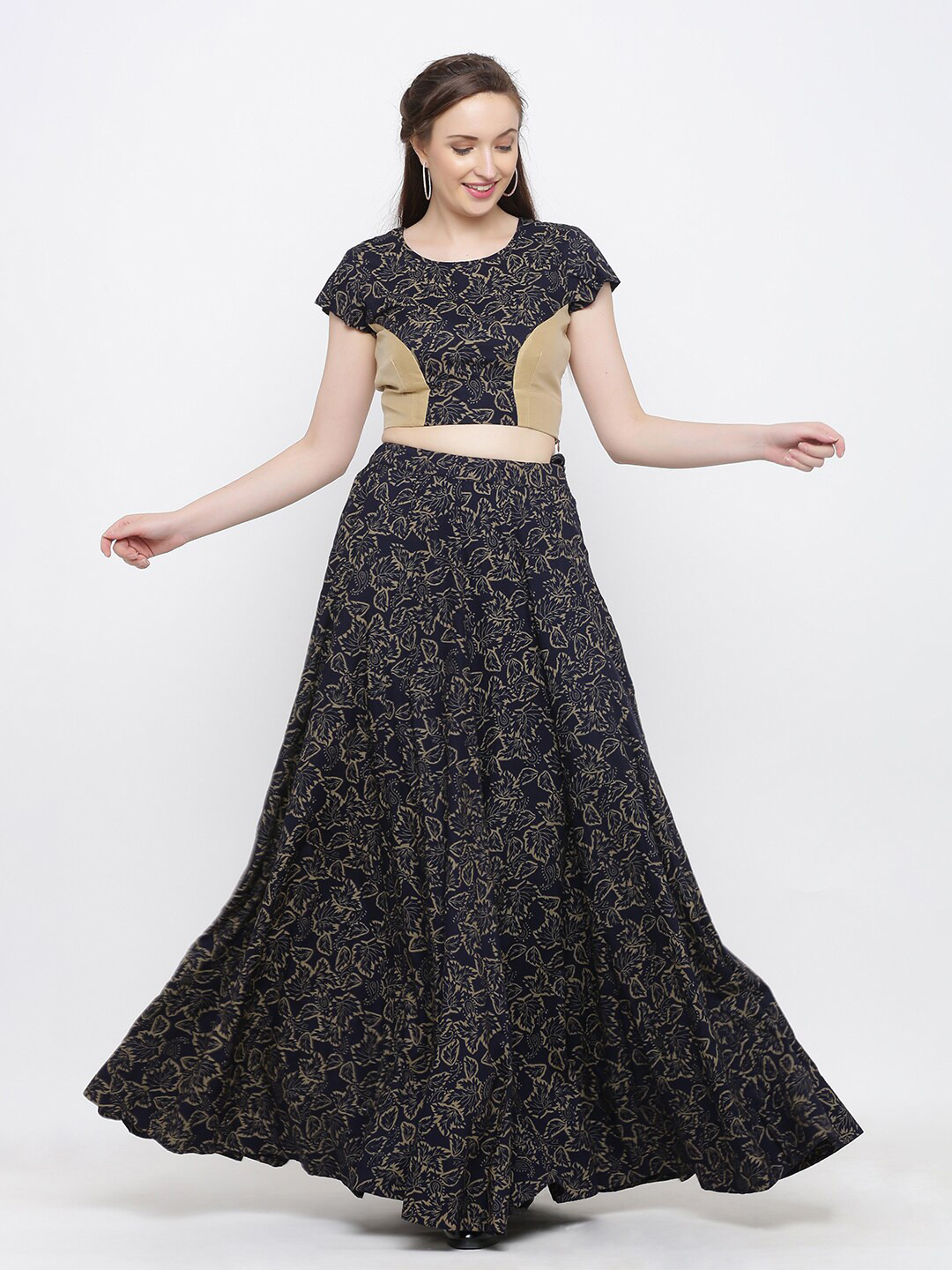 

Indian Virasat Women Blue & Gold-Toned Printed Ready to Wear Lehenga with Blouse