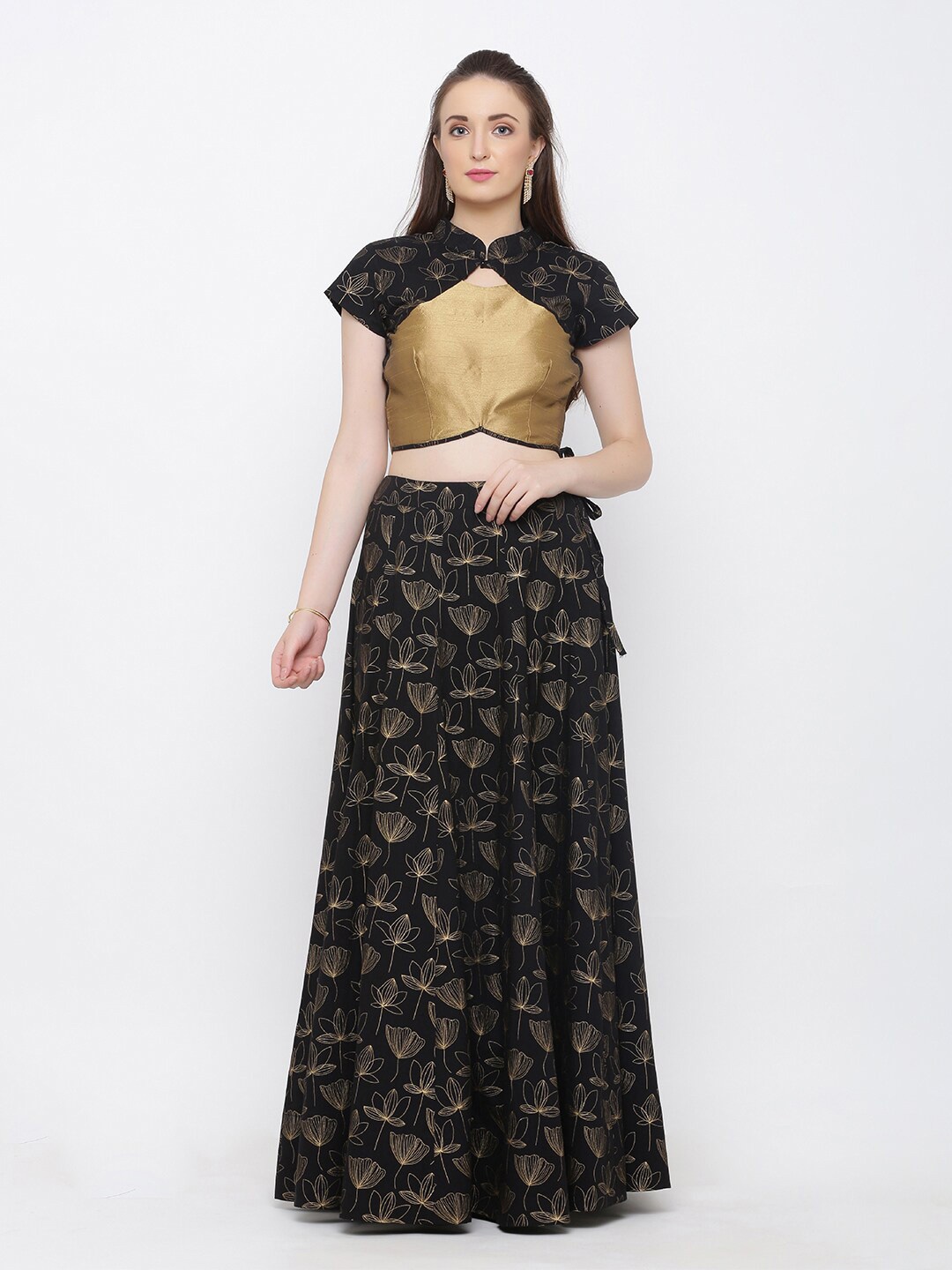 

Indian Virasat Women Black & Gold-Toned Printed Ready to Wear Lehenga with Blouse