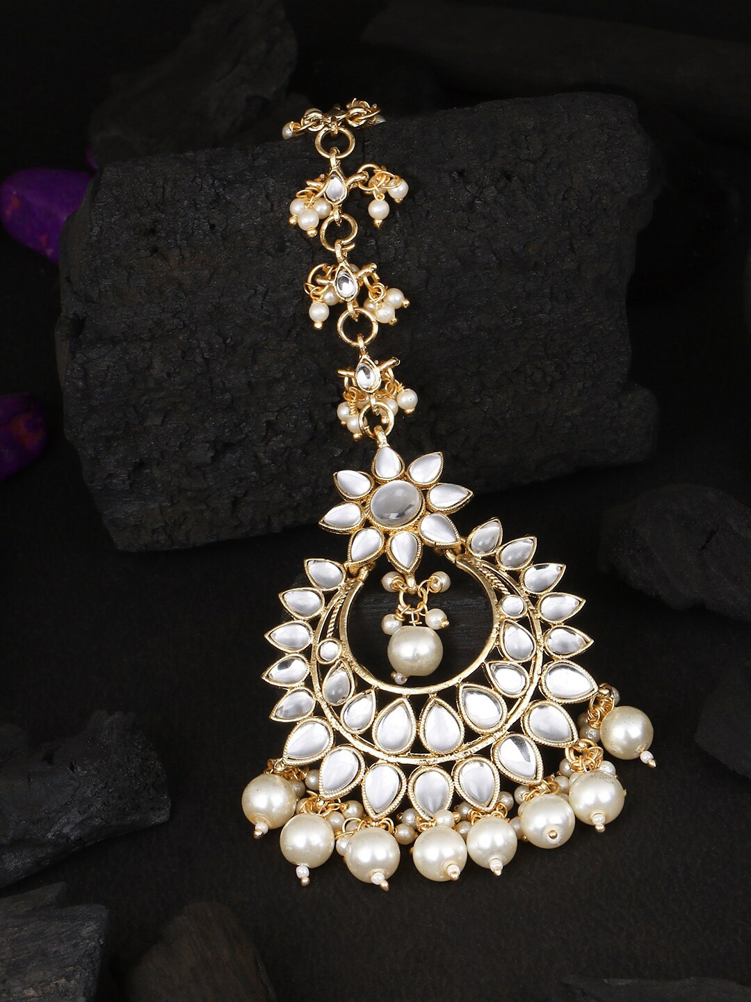 

Adwitiya Collection 24CT Gold-Plated White Stone-Studded & Beaded Handcrafted Maang Tikka