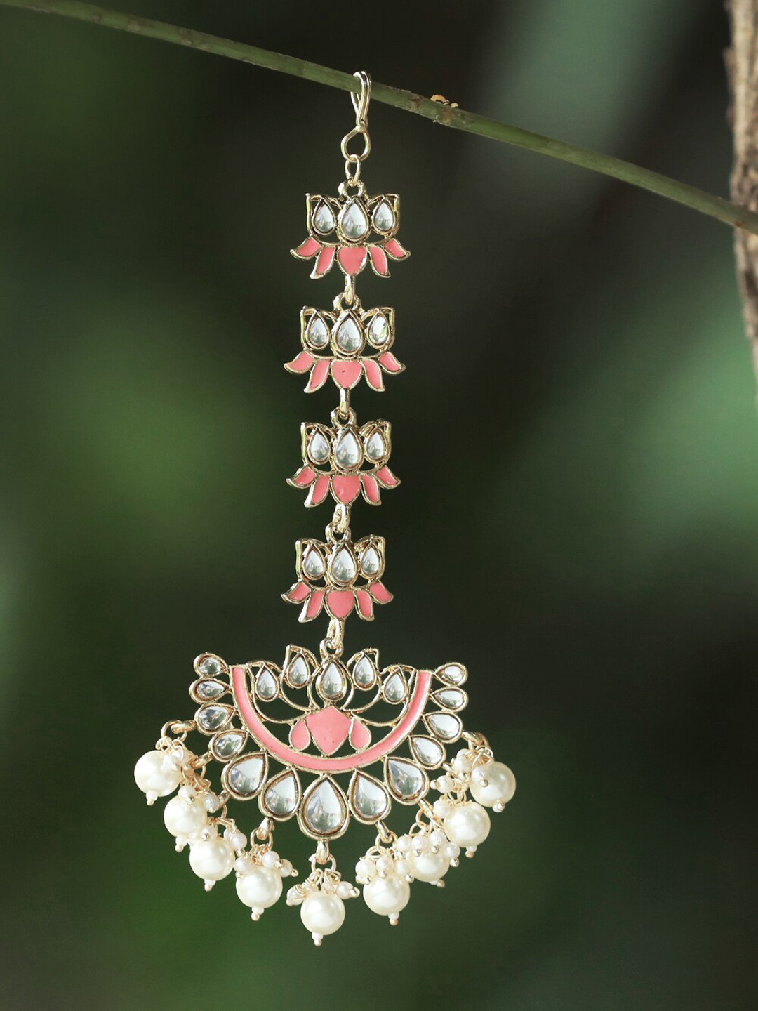 

Adwitiya Collection 24CT Gold-Plated White & Peach Stone-Studded Enamelled Maang Tikka