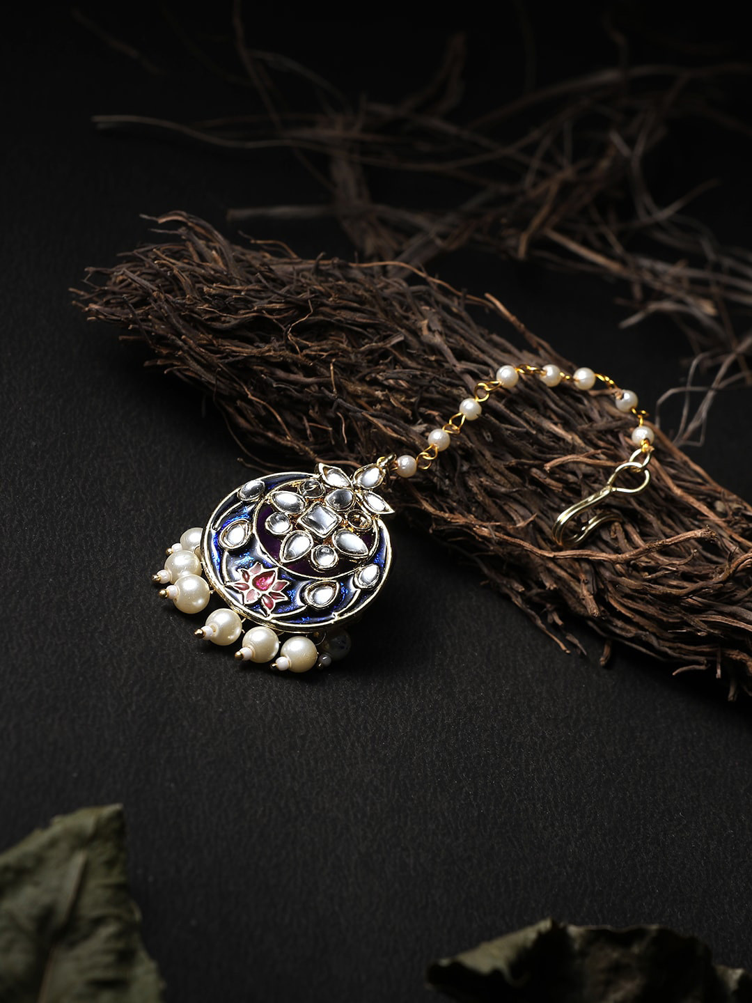 

Adwitiya Collection Gold-Plated White Stone Studded & Pearl Beaded Antique Maang Tika