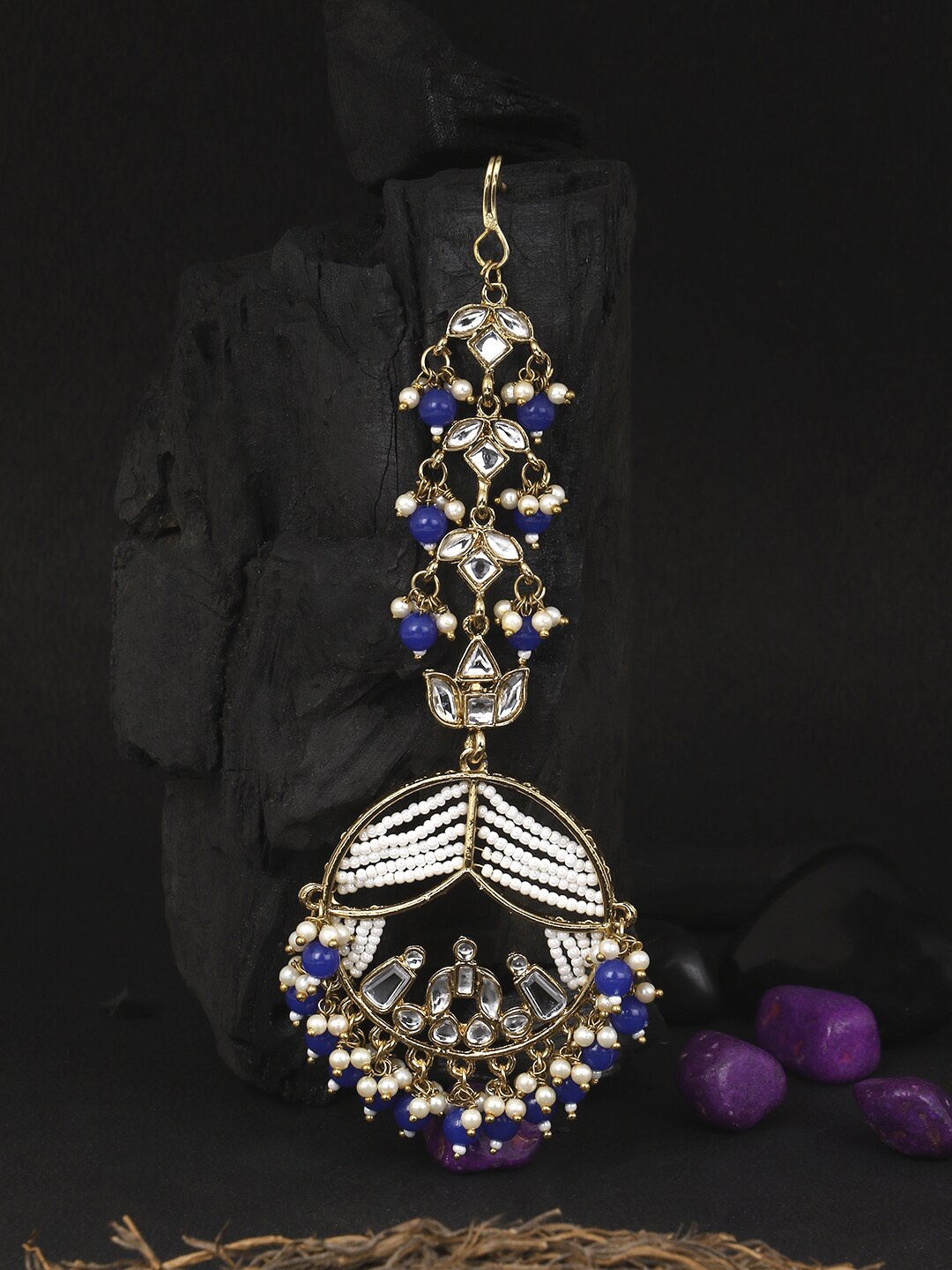 

Adwitiya Collection 24CT Gold-Plated White & Blue Stone-Studded & Beaded Antique Maang Tikka