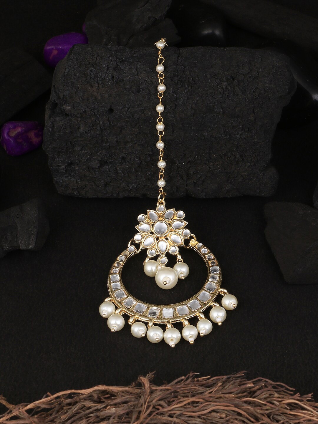

Adwitiya Collection 24 CT Gold-Plated & White Stone-Studded & Beaded Maang Tikka