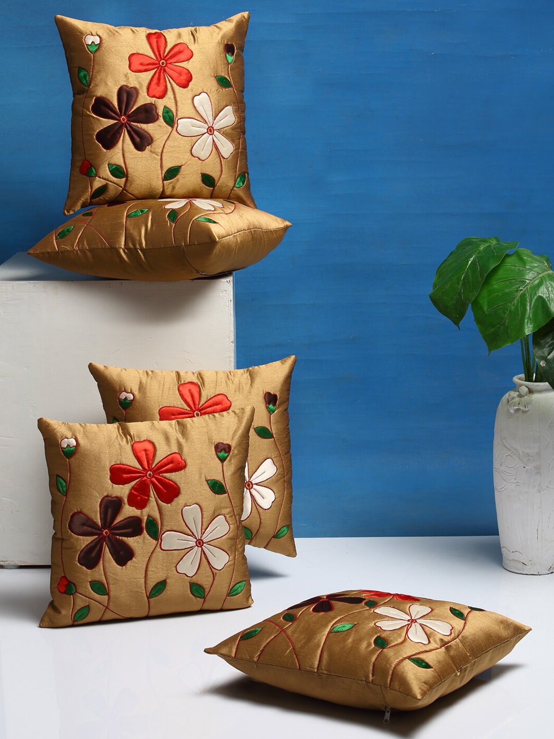 

DREAM WEAVERZ Camel Brown Set of 5 Floral Embroidered Square Cushion Covers