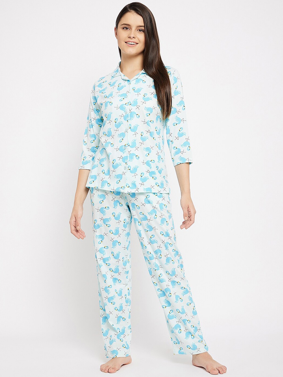 

Clovia Women Blue Graphic Printed Pyjama Set, White